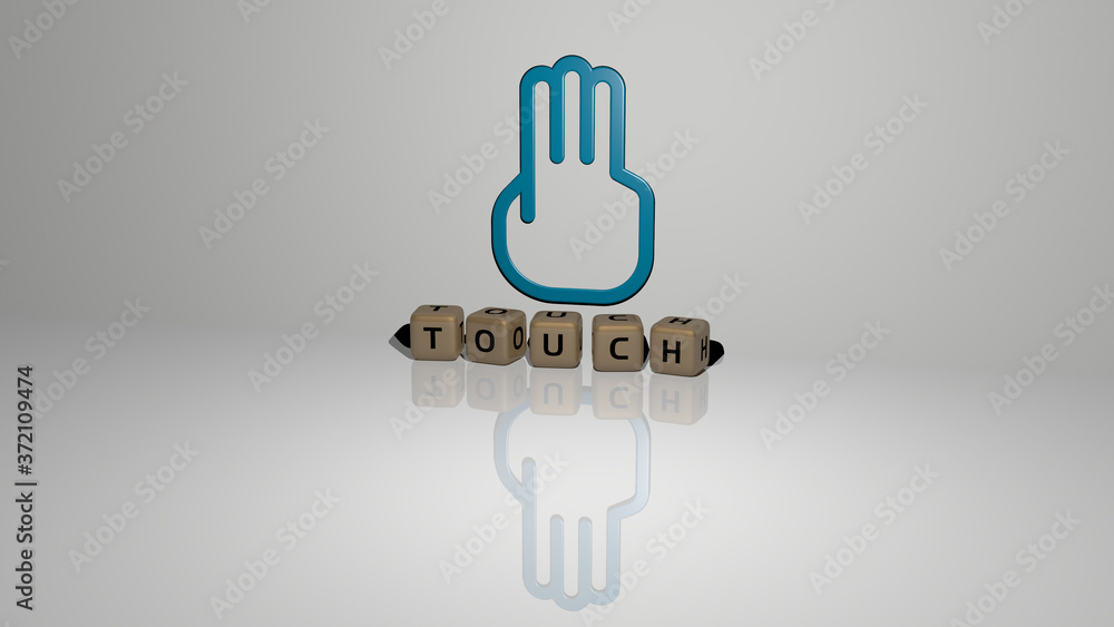 Poster touch text of cubic dice letters on the floor and 3d icon on the wall, 3d illustration for screen an