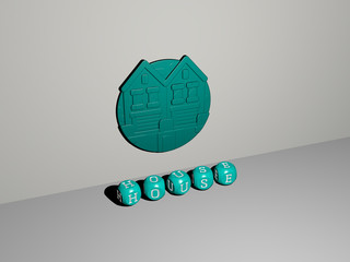 house 3D icon on the wall and text of cubic alphabets on the floor, 3D illustration for building and architecture