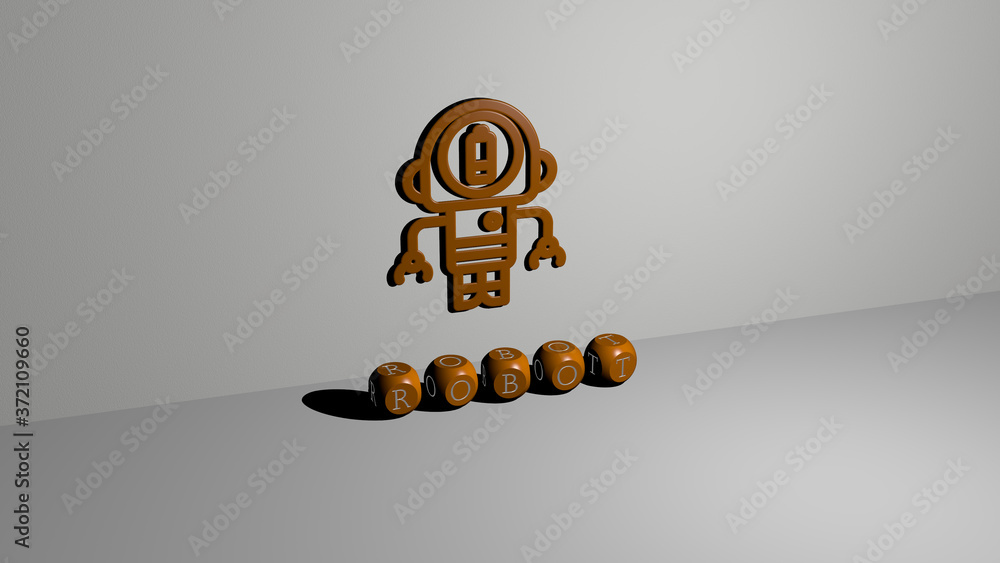 Poster ROBOT 3D icon on the wall and text of cubic alphabets on the floor, 3D illustration for artificial and background