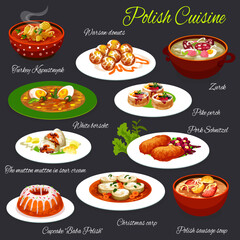 Polish cuisine food, Poland restaurant menu dishes, vector traditional meals. Polish cuisine white borscht and sausage soup, pike perch and Christmas carp fish, Warsaw donuts and baba cupcake pastry