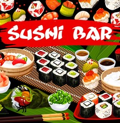 Sushi bar, Japanese cusine vector poster, japan food rolls, sashimi, nigiri sushi, temaki or uramaki rolls, oshizushi and gunkan meals. Fish and seafood sushi in rice and seaweed cartoon menu cover