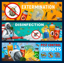 Obraz premium Disinsection vector banners, insect and rats control repellent products. Exterminator spraying insecticide with cold fogger against insects and rodents. Pest extermination, deratization toxic remedy