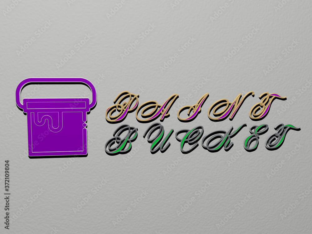 Poster 3d graphical image of paint bucket vertically along with text built by metallic cubic letters from t