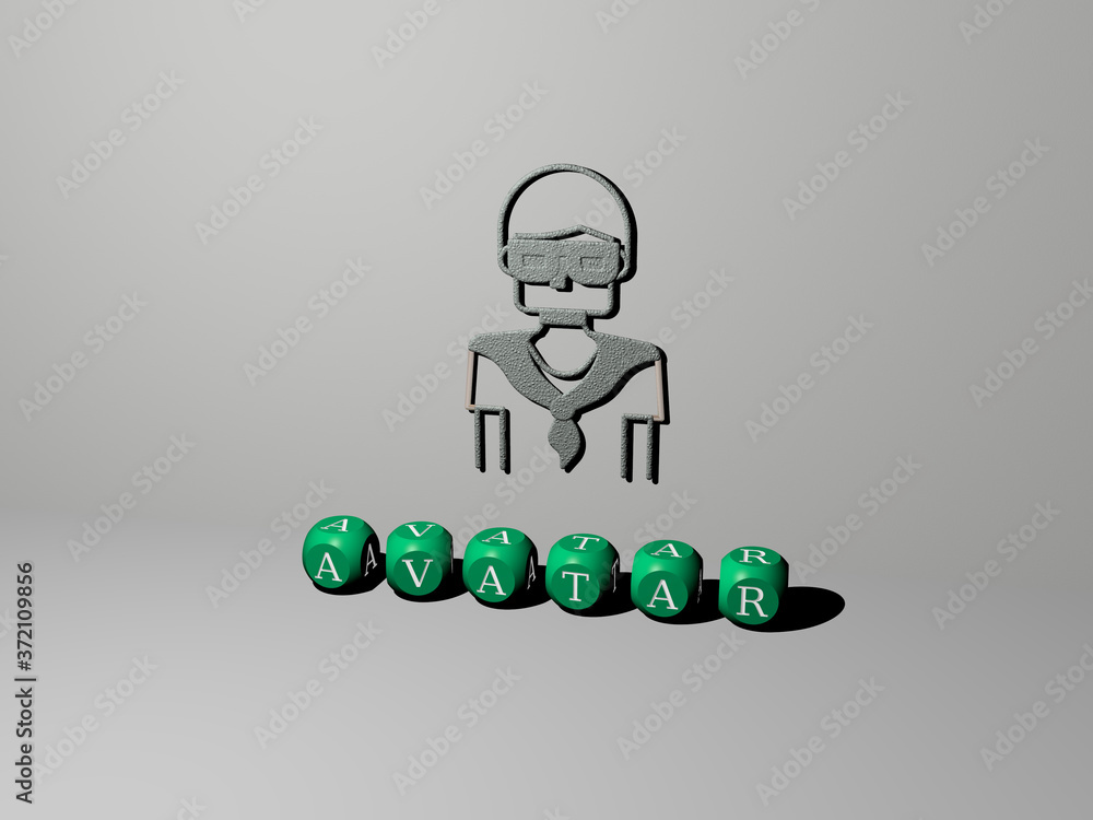 Poster 3d representation of avatar with icon on the wall and text arranged by metallic cubic letters on a m
