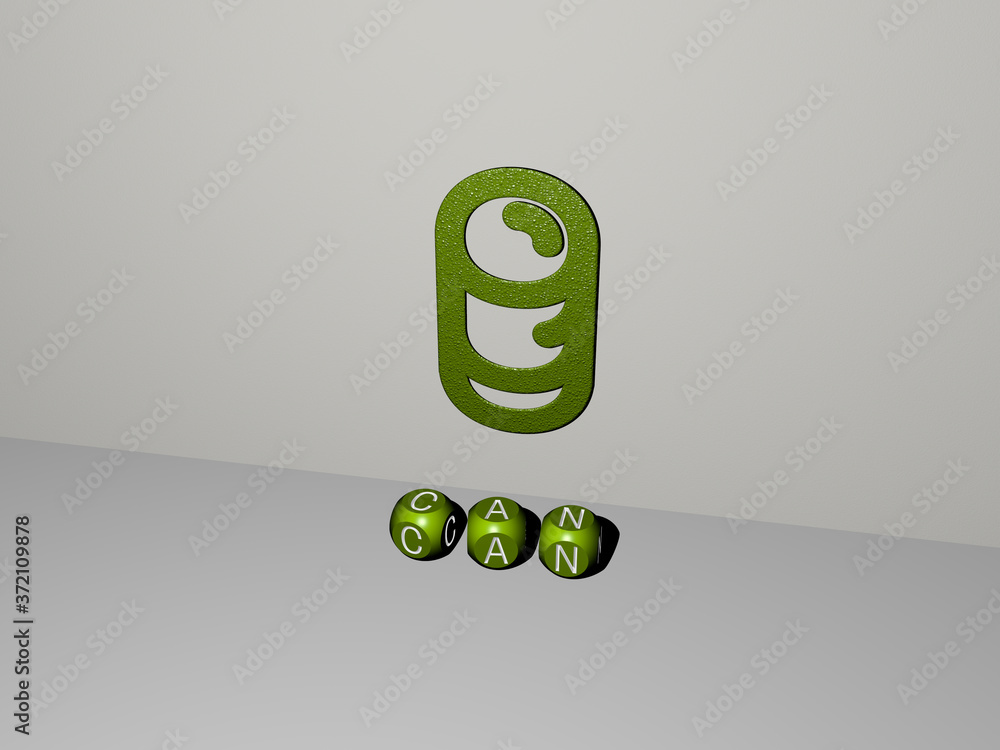 Aufkleber 3d graphical image of can vertically along with text built by metallic cubic letters from the top pe