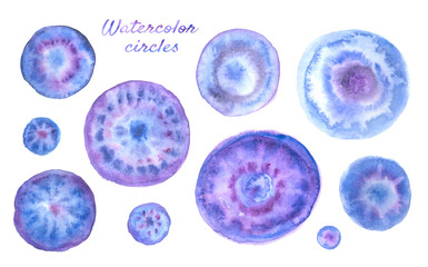 Set of abstract concentric circles in blue tones, watercolor illustration on white isolated background.