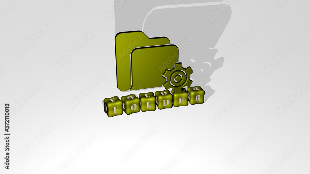 Poster folder 3d icon object on text of cubic letters, 3d illustration for business and background