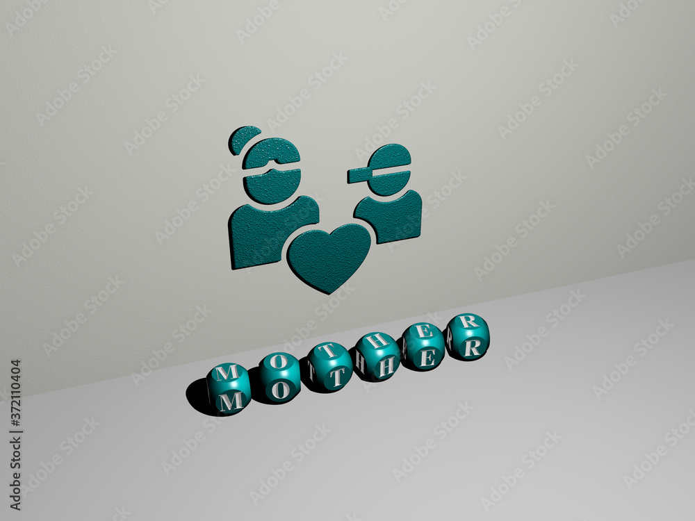 Poster 3d graphical image of mother vertically along with text built by metallic cubic letters from the top