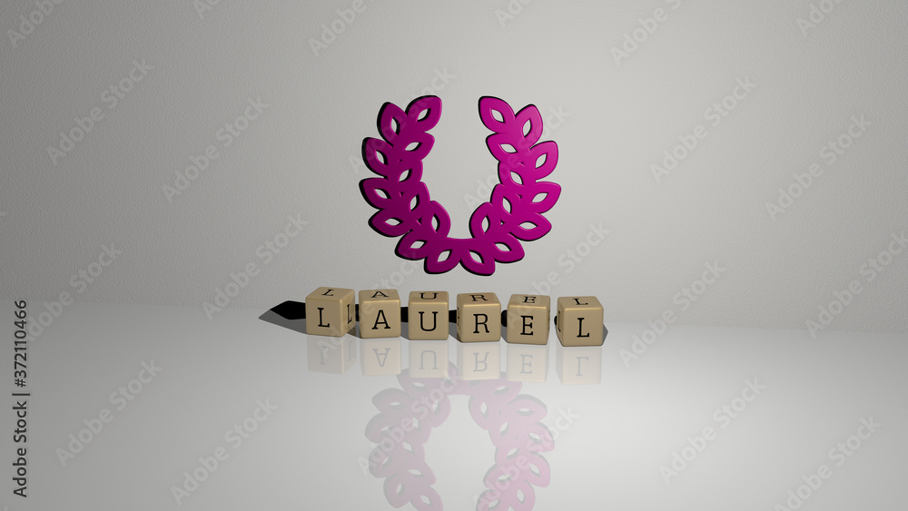 Poster laurel text of cubic dice letters on the floor and 3d icon on the wall, 3d illustration for wreath a