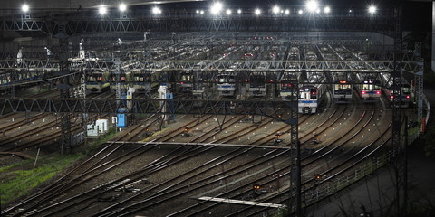 Tokyo,Japan-August 18, 2020: Rolling stock yard or railyard or carbarn near Karakida station of Odakyu Line, Tokyo, in the morning
