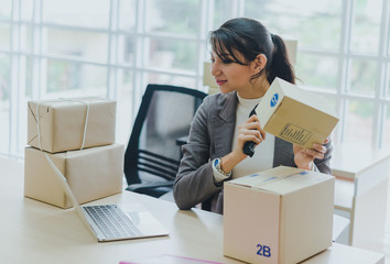 A beautiful businesswoman working at home is checking the amount of products that will be delivered...