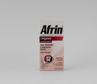 Davis, CA, Aug 16, 2020. Box of Afrin nose drops for nasal congestion relief, nasal spray, 12 hours, isolated on white background