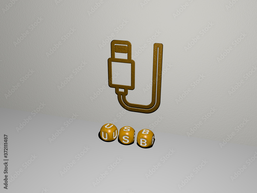 Poster 3d representation of usb with icon on the wall and text arranged by metallic cubic letters on a mirr
