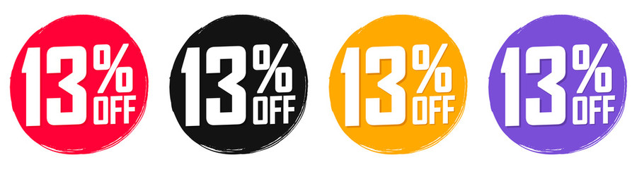 Set Sale 13% off banners, discount tags design template, extra promo, brush grunge, app icons, vector illustration