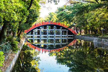 Red bridge at Sumiyoshi-taisha temple, Osaka, Japan