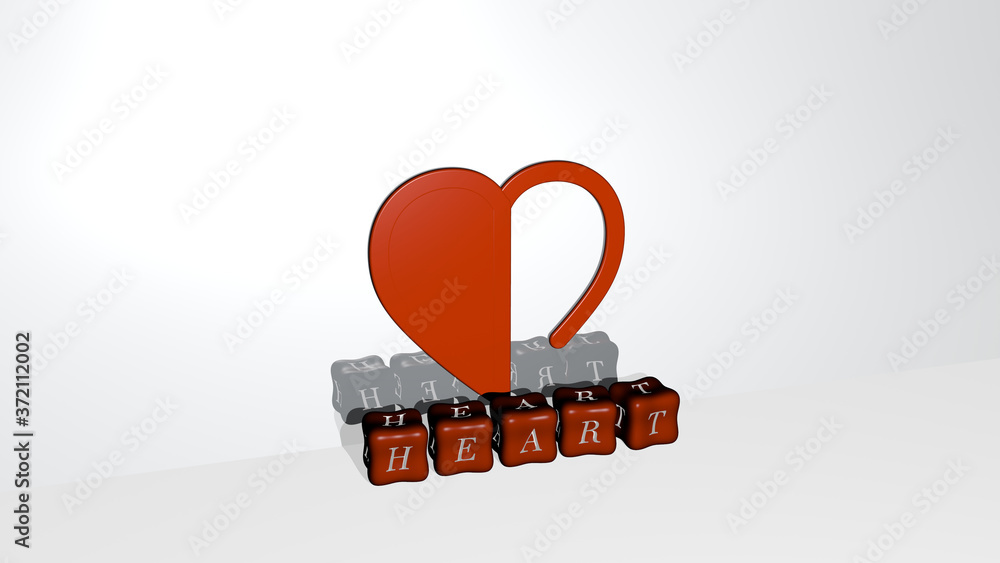 Poster 3d representation of heart with icon on the wall and text arranged by metallic cubic letters on a mi