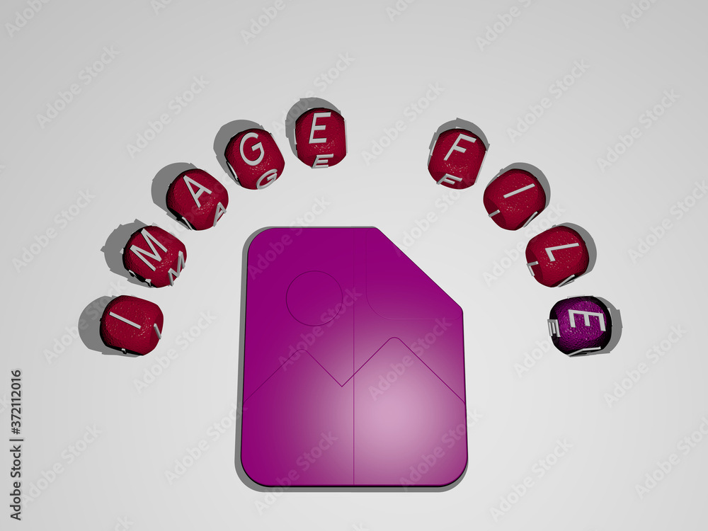 Poster image file icon surrounded by the text of individual letters, 3d illustration for background and bus