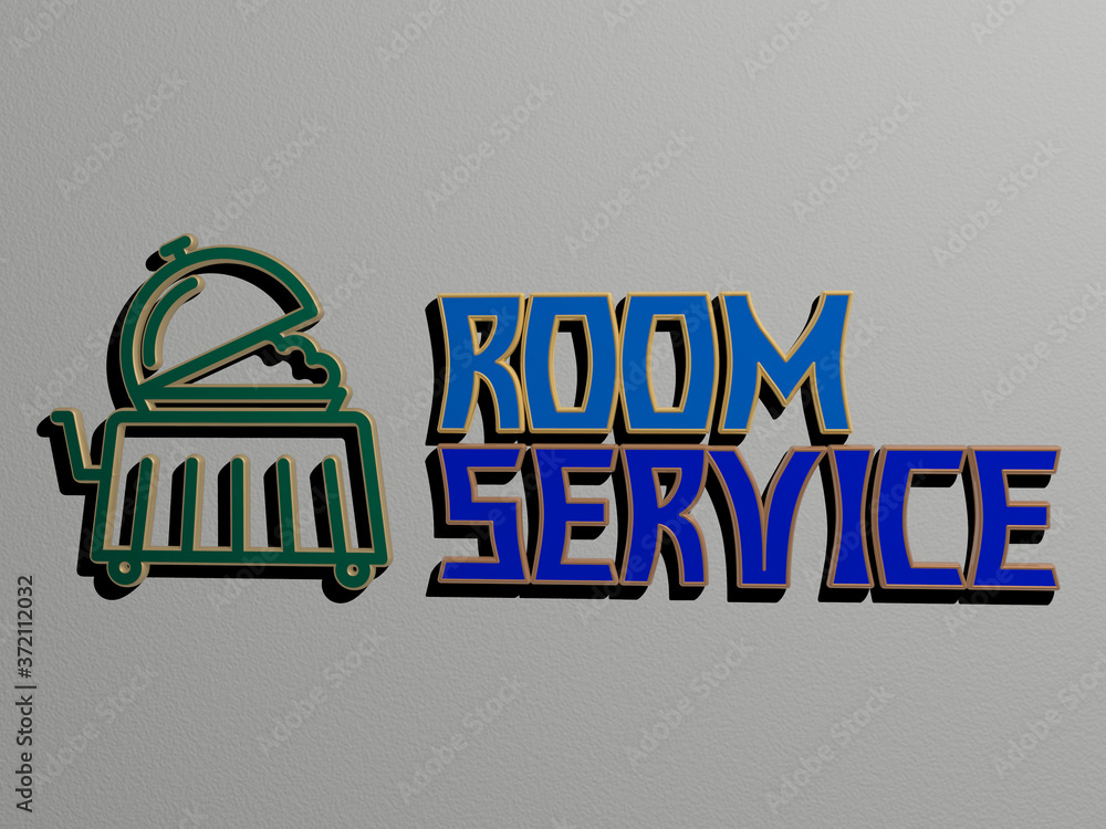Poster 3d illustration of room service graphics and text made by metallic dice letters for the related mean