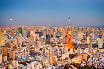 Japanese Traveling Destinations. Amazing Breathtaking Tokyo Skyline at Blue Hour in Japan with Tokyo Tower in Foreground.