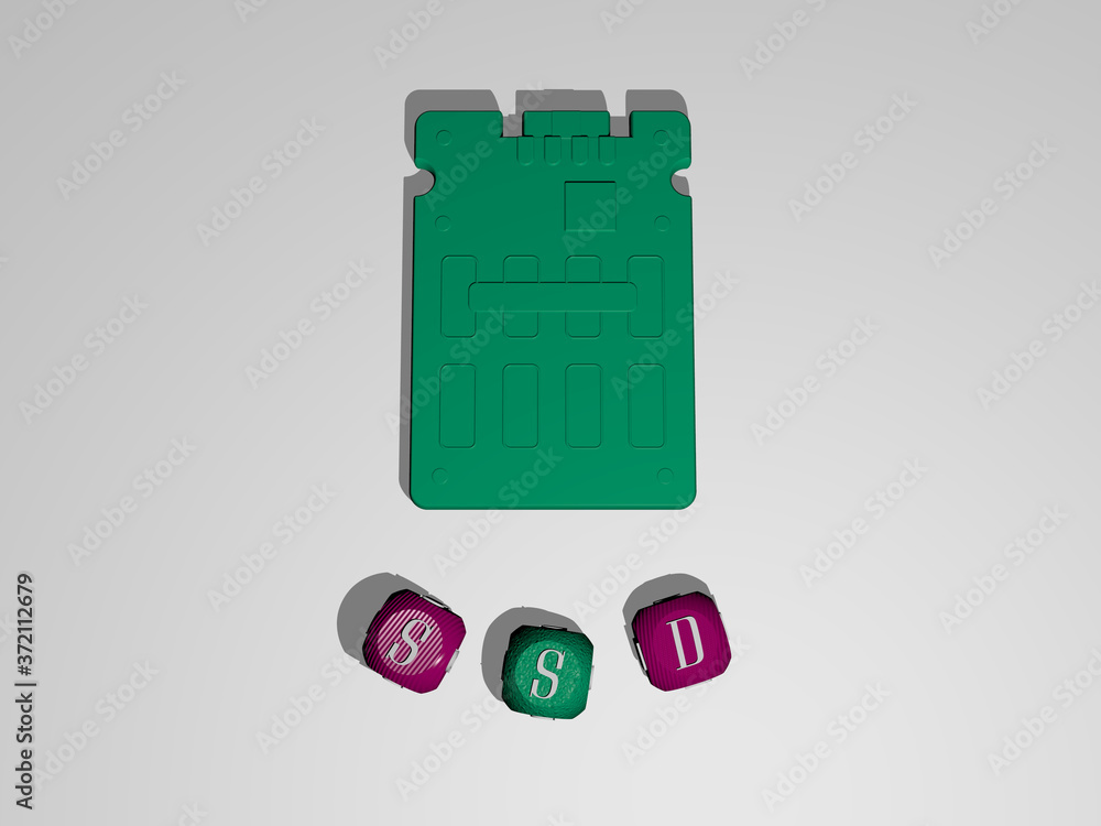 Poster ssd text around the 3d icon, 3d illustration for set and computer