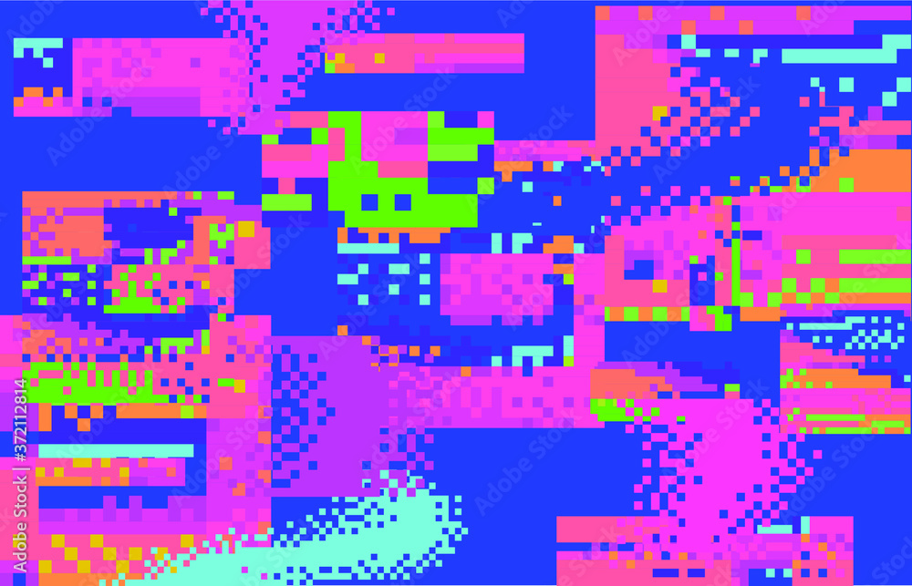 Poster Abstract pixelated background with flickers and datamoshing effect. Vaporwave and cyberpunk style aesthetics.