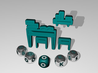 books round text of cubic letters around 3D icon, 3D illustration for background and education