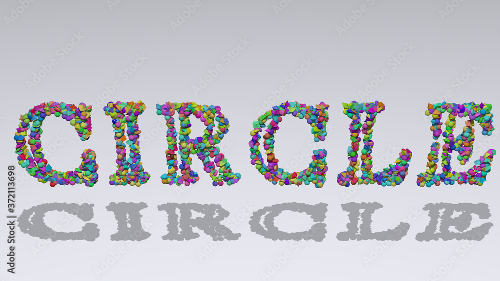 Aufkleber colorful 3d writting of circle text with small objects over a white background and matching shadow f