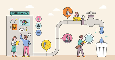 Large water pipe system and management experts. flat design style minimal vector illustration.