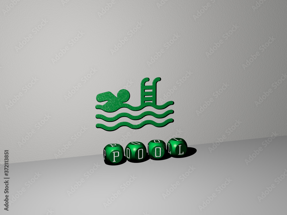 Aufkleber 3d representation of pool with icon on the wall and text arranged by metallic cubic letters on a mir