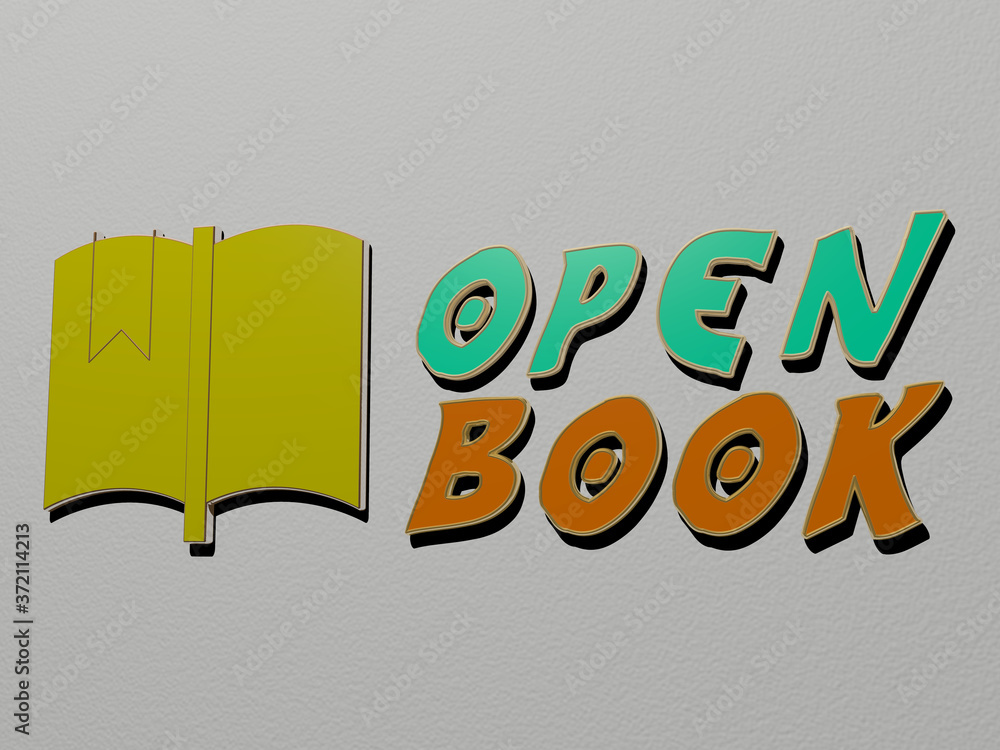 Poster 3D representation of open book with icon on the wall and text arranged by metallic cubic letters on a mirror floor for concept meaning and slideshow presentation for background and illustration