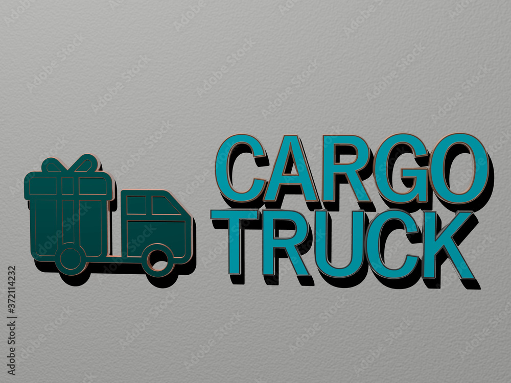 Poster 3d graphical image of cargo truck vertically along with text built by metallic cubic letters from th