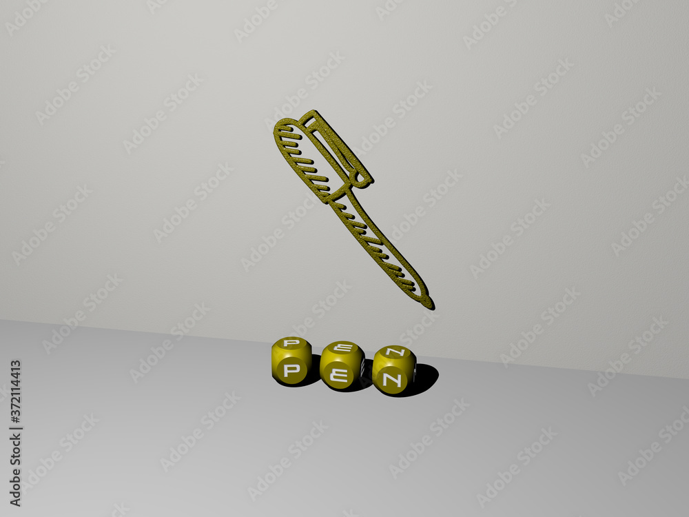 Poster 3d illustration of pen graphics and text made by metallic dice letters for the related meanings of t