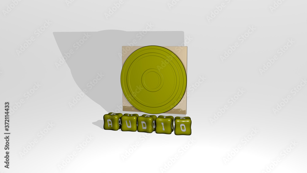 Poster 3d graphical image of audio vertically along with text built by metallic cubic letters from the top 