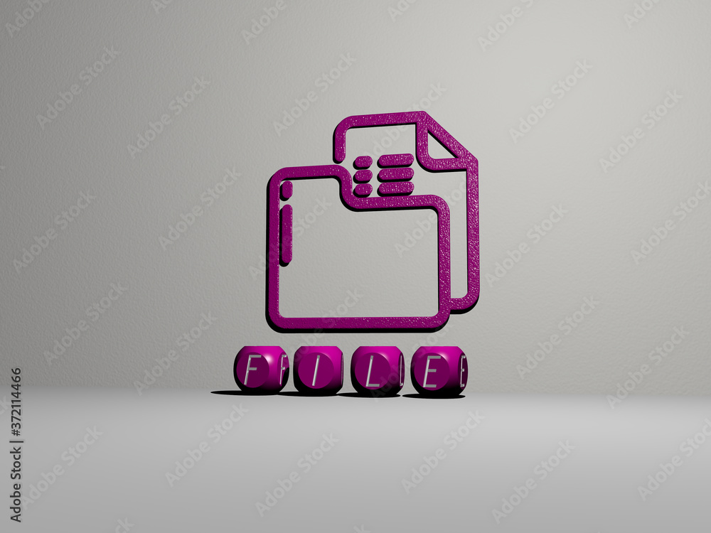 Poster 3d illustration of file graphics and text made by metallic dice letters for the related meanings of 