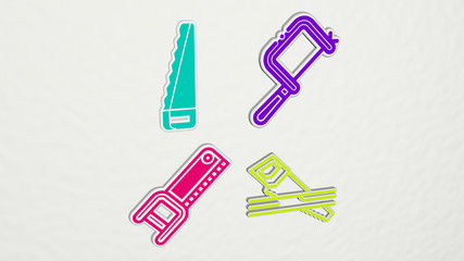 handsaw colorful set of icons, 3D illustration for carpenter and construction