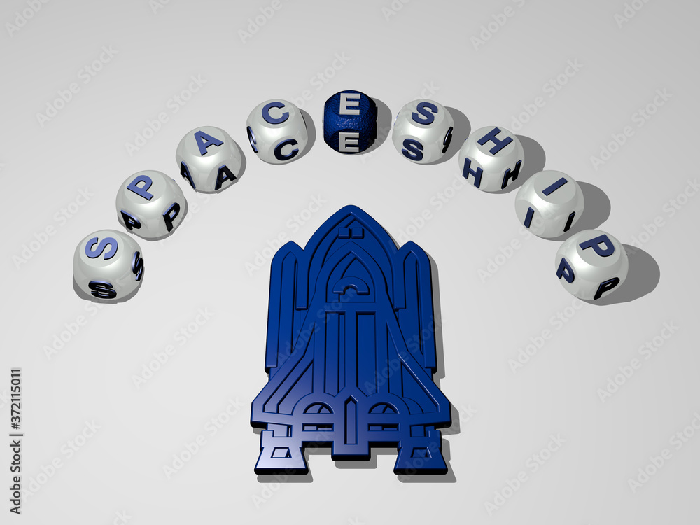 Poster spaceship 3d icon surrounded by the text of cubic letters, 3d illustration for background and futuri