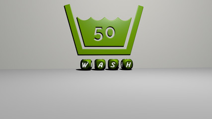 WASH 3D icon on the wall and text of cubic alphabets on the floor, 3D illustration for background and abstract