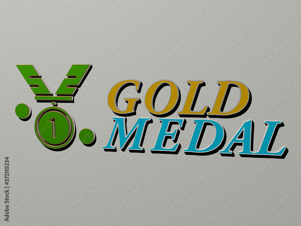 Poster 3d graphical image of gold medal vertically along with text built by metallic cubic letters from the