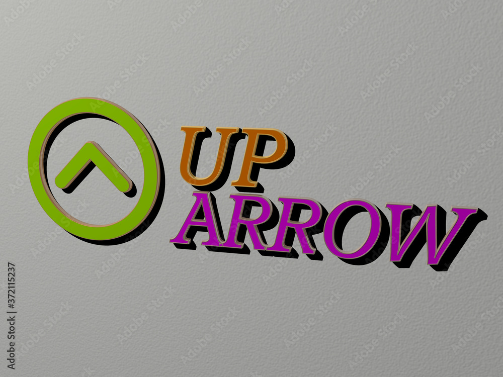 Poster 3d graphical image of up arrow vertically along with text built by metallic cubic letters from the t
