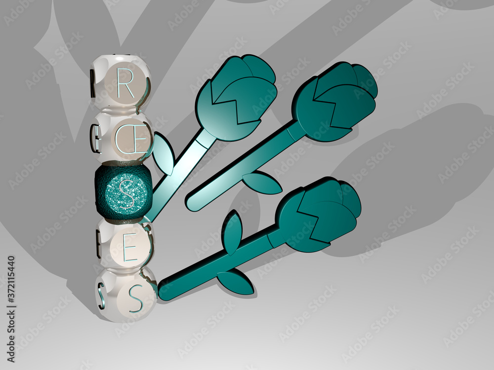 Poster 3d graphical image of roses vertically along with text built around the icon by metallic cubic lette