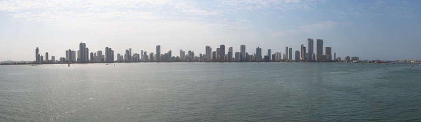 Fototapeta na wymiar Panoramic view of the harbour and new town as seen from the sea, Cartagena, Colombia