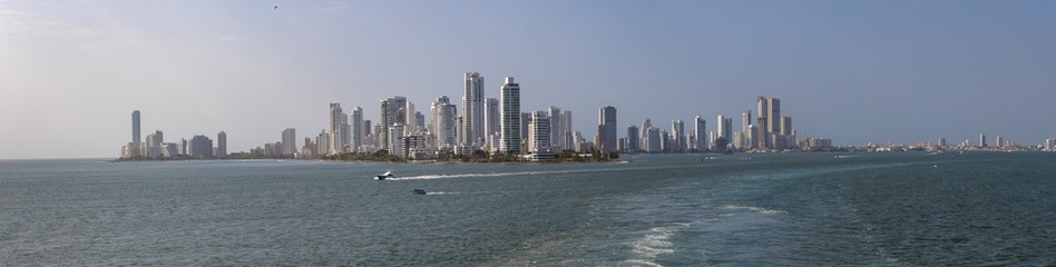 Panoramic view of the harbour and new town as seen from the sea, Cartagena, Colombia