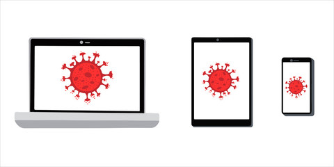 Smartphone, tablet, and laptop are installed with a virus screensaver isolated on a white background. Stock vector illustration. Virus, coronavirus, virus programs.