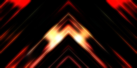 Abstract shining geometric lights background. Fractal symmetric graphic illustration. Intersecting glowing and shimmering bars.