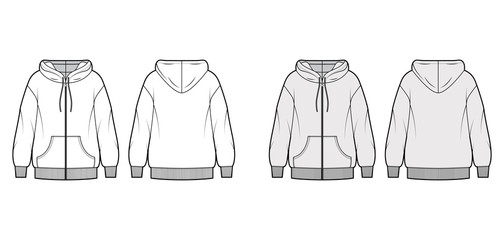 Zip-up oversized cotton-fleece hoodie technical fashion illustration with pocket, relaxed fit, long sleeves. Flat jumper template front, back, white, grey color. Women, men, unisex sweatshirt top CAD