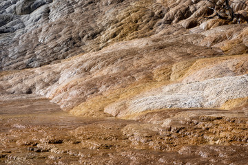 Fototapeta na wymiar Glistening mineral water flows over the hot spring terraces in Mammoth Hot Springs area of Yellowstone National Park. Abstract view, useful for backgrounds