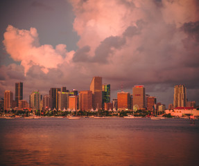 Miami Florida  skyline at sunset sky view downtown buildings boats sea 