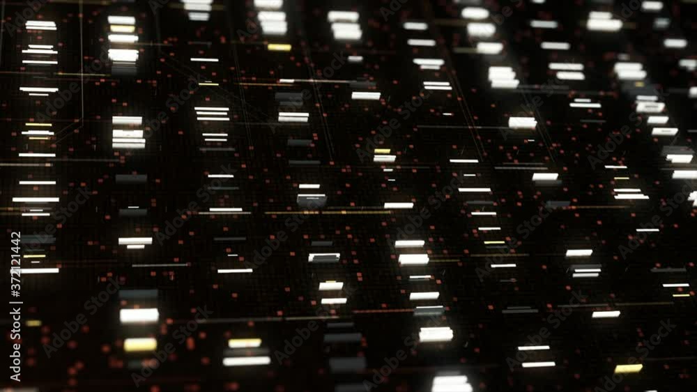 Poster code processing in circuit board, abstract server. animation. data moves in the form of rows of glow