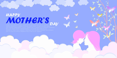 Naklejka na ściany i meble Happy Mother's Day background of mom with child son and colorful spring nature. Modern 3D cloud decoration for mother gift or women holiday.
