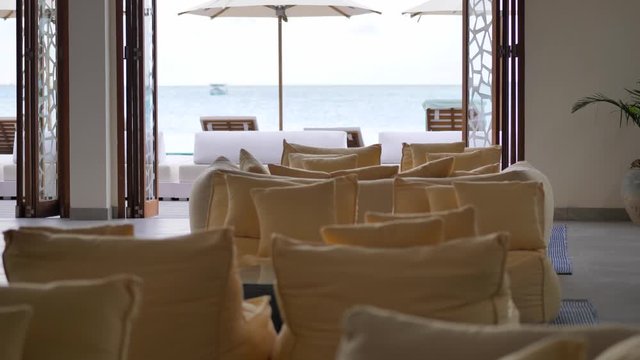 Empty hotel lounge due to pandemic in luxury hotel resort with no guests